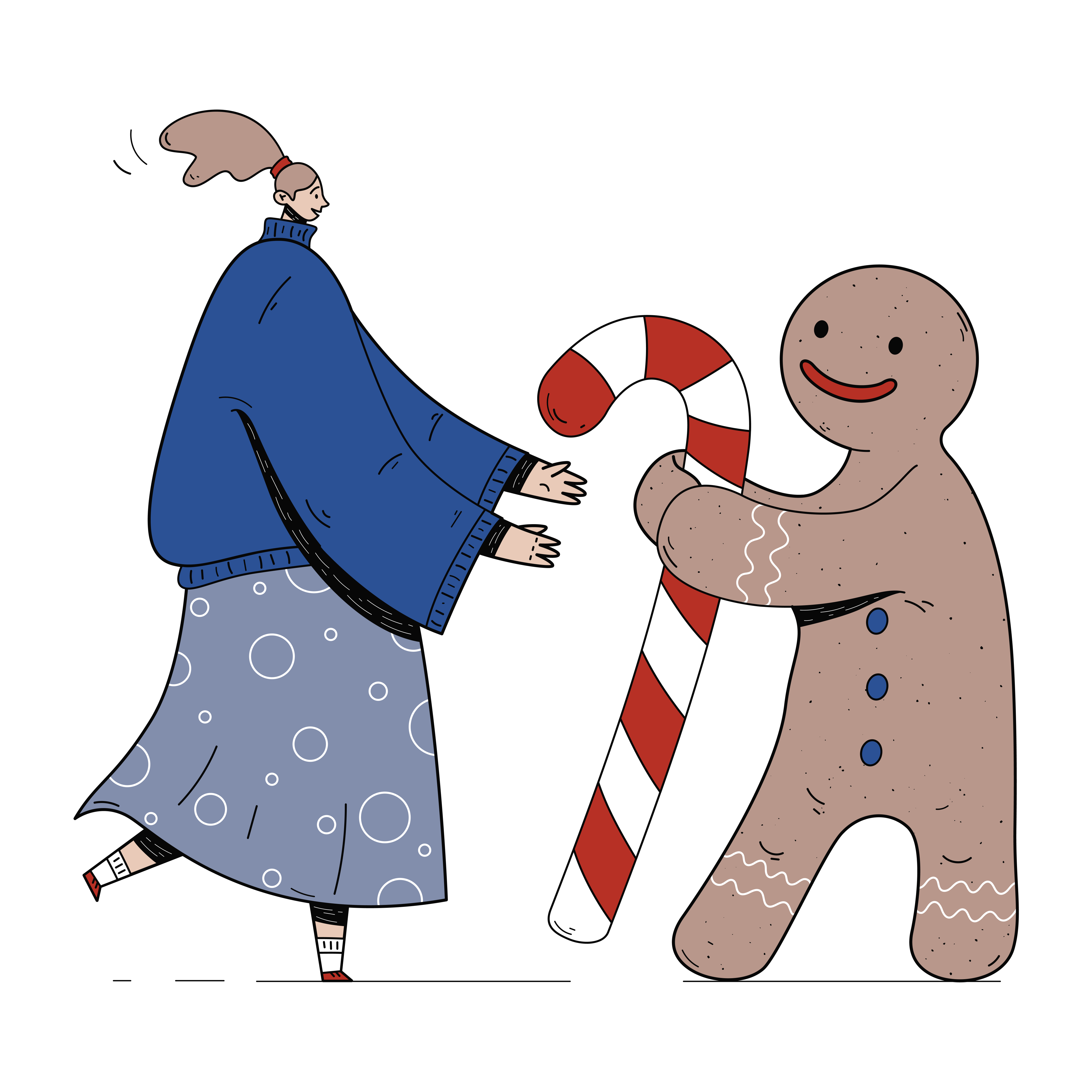 woman giving a candy cane to a gingerbread man